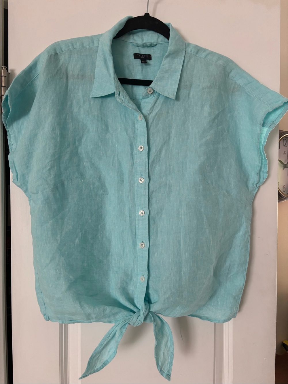 Talbots Light Aqua Linen Tie-Front Button-Down Shirt Top Womens Lightweight LP